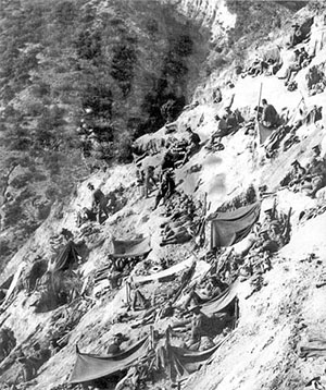 Dugouts cut into the side of Gallipoli's hills.