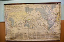 A map of the world with coloured lines showing routes of famous explorers