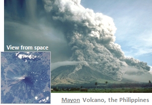 Pyroclastic flows on the Mayon Volcano in the Philippines in 1984, with inset view for space, linked to Wikipedia entry
