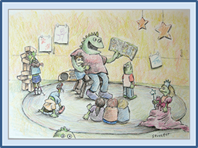 Children sitting on the floor in a circle around a lizard character with his arm around a child holding and reading a book