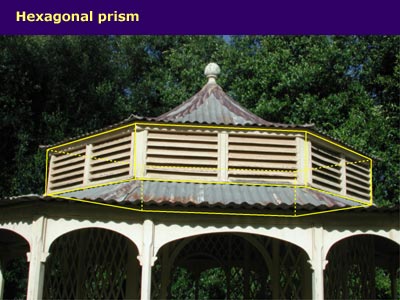 the roof of a rotunda with straight sides and hexagonal prism shape highlighted