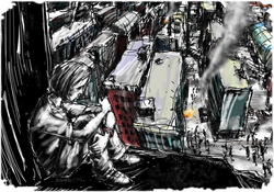 Stylised sketched illustration of a boy sitting on a ledge looking down over a city