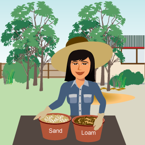 Mrs Chan with a bucket of sand and a bucket of loam