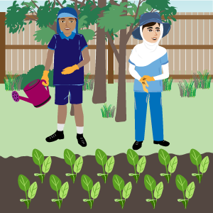 Ravi and Miriam admiring their new garden with neat rows of spinach