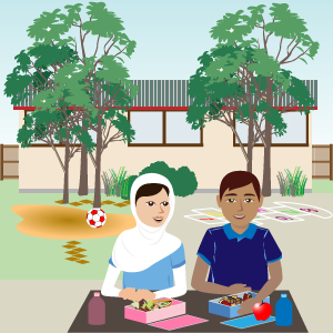 Ravi and Miriam sitting in the playground eating from their lunch boxes