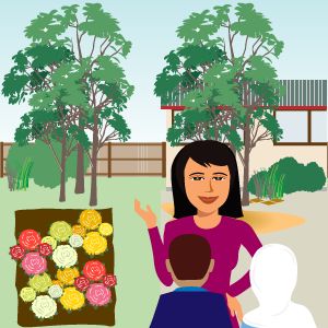 Mrs Chan talking to Ravi and Miriam at the front of the school, near a flower bed