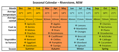 Example of a seasonal calendar showing the seasons, the months, average rainfall and temperature as well as some fruits and vegetables that can be harvested during the different seasons. Example of a seasonal calendar showing the seasons, the months, average rainfall and temperature as well as some fruits and vegetables that can be harvested during the different seasons.