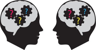 Two heads facing each other with question marks inside the brain to suggest thinking Two heads facing each other with question marks inside the brain to suggest thinking