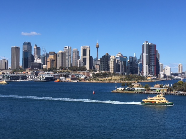 Sydney harbour looking at the city with a ferry on the water and lots of highrise building on the skyline.