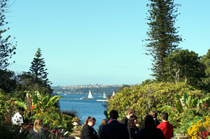 A group of students stand in a garden overlooking Sydney Harbour A group of students stand in a garden overlooking Sydney Harbour