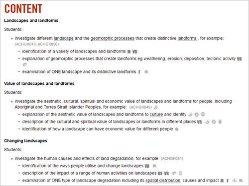 Screen shot of online Geography K10 Syllabus, Stage 4: Landscapes and landforms, Content section Screen shot of online Geography K10 Syllabus, Stage 4: Landscapes and landforms, Content section