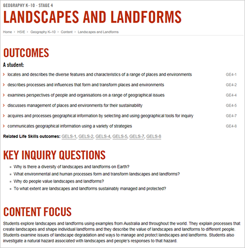 Screen shot of online Geography K10 Syllabus, Stage 4: Landscapes and landforms (part). Screen shot of online Geography K10 Syllabus, Stage 4: Landscapes and landforms (part).
