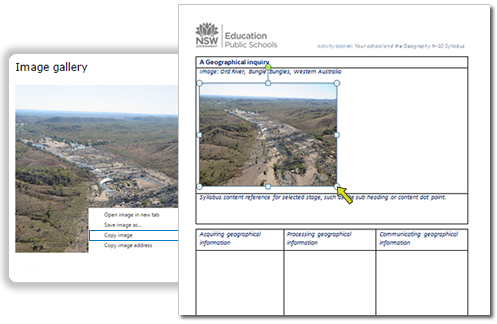 Gallery image, with contextual menu displayed, besidepage in Activity booklet showing photograph inserted and resized in table; the caption is pasted above the image Gallery image, with contextual menu displayed, besidepage in Activity booklet showing photograph inserted and resized in table; the caption is pasted above the image