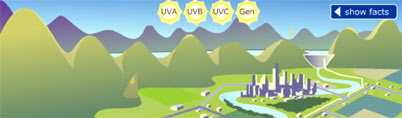 graphic of city beside a river and mountains;