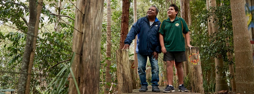 Primary school student and male teacher standing on a wooden boardwalk in a forest and looking up.
