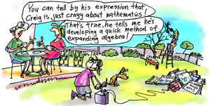 Cartoon of a boy expanding algebra