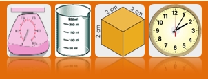 Image of scales, measuring beaker, cube and clock, linked to key understandings information
