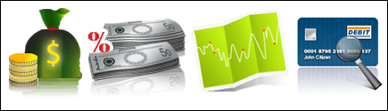 Bag on money, piles of notes, financial chart and a credit card