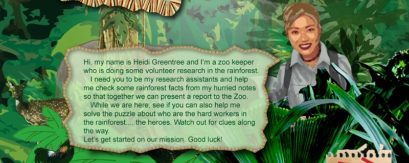 Screenshot showing a female explorer against a rainforest background.