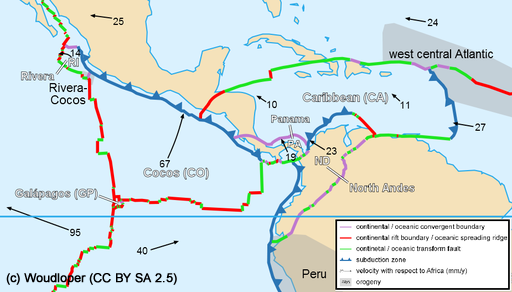 Simplified map of the Caribbean on the ScienceBlogs website, showing Caribbean plate and points of convergence.