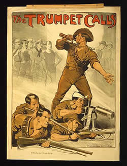 Poster with the words 'The Trumpet Calls' at the top, a man looking back as he sounds the trumpet and other men lying on the ground with rifles in hand; several people are drawn in grey in the background. Poster with the words 'The Trumpet Calls' at the top, a man looking back as he sounds the trumpet and other men lying on the ground with rifles in hand; several people are drawn in grey in the background.