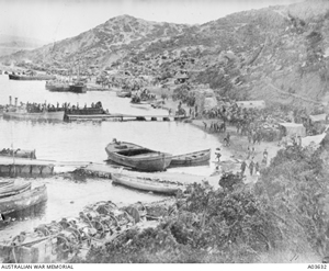 Looking down on a cove with boats mored, men on the beach and stacks of boxes and packages.