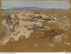 Painting of gentle hills with two soldiers and dead animals and/or people. Painting of gentle hills with two soldiers and dead animals and/or people.