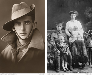Left: Soldier in coat and wearing a slouch hat; Right: portrait photo of a solider, his wife and two children. Left: Soldier in coat and wearing a slouch hat; Right: portrait photo of a solider, his wife and two children.