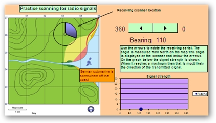 Screenshot of spreadsheet titled ‘Practice scanning for radio signals’ using interactive buttons and dynamic graphics